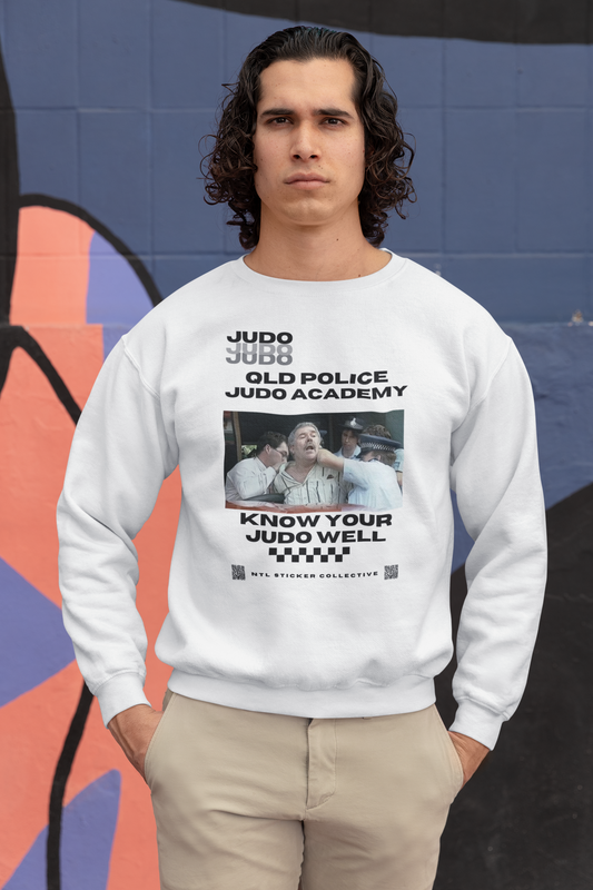 NEW | Queensland Police Judo Academy | J-U-D-O | Know Your Judo Well | White | Gildan Unisex Sweatshirt