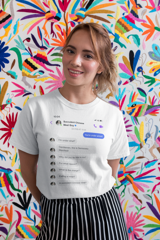 Democracy Manifest Guy/Succulent Chinese Meal Guy Novelty Tee | Slide Into My DMs | White/White | Unisex Gildan Heavy Cotton Tee